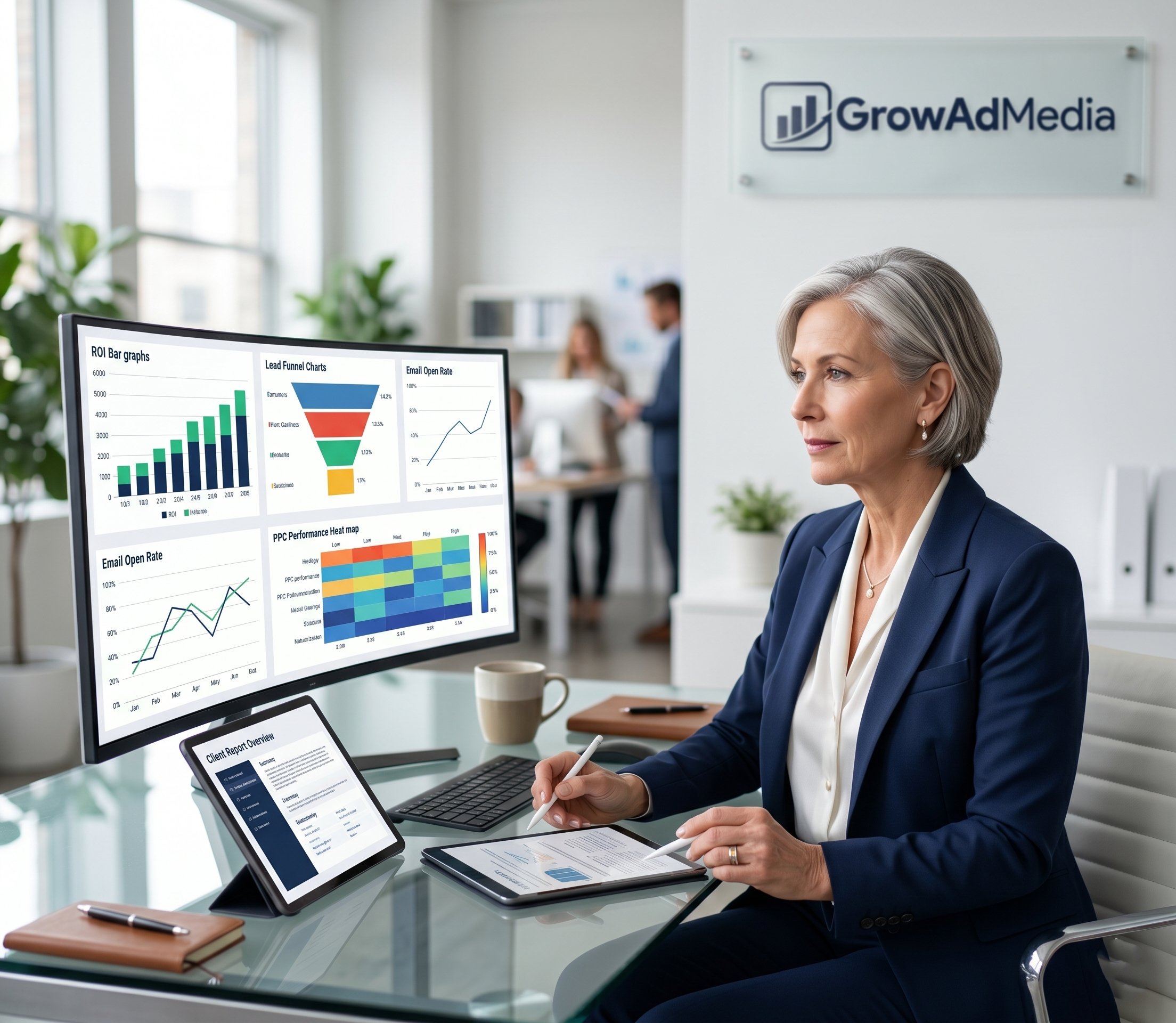 GrowAdMedia analyst reviewing ROI and campaign data