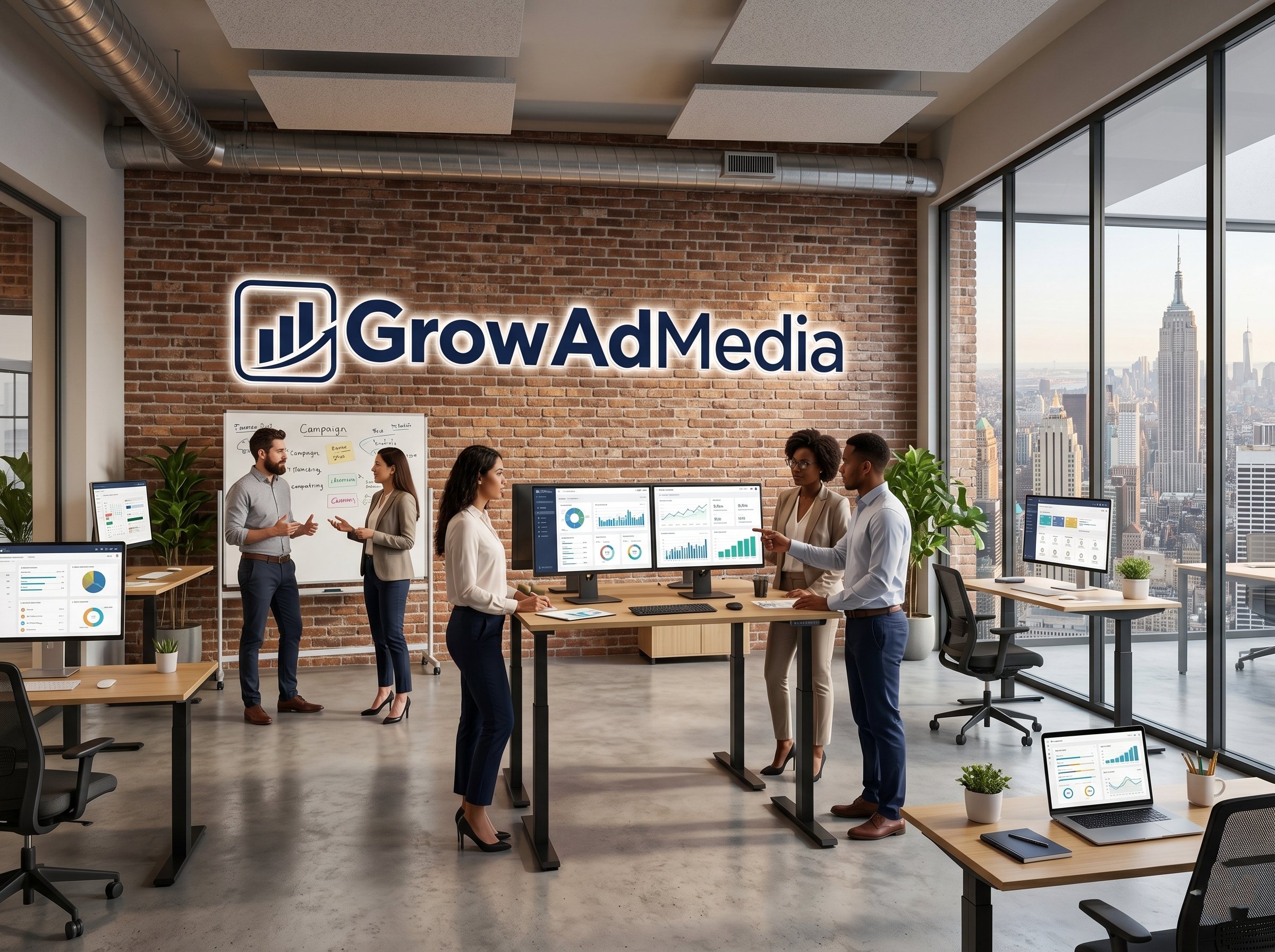 GrowAdMedia team collaborating in modern office