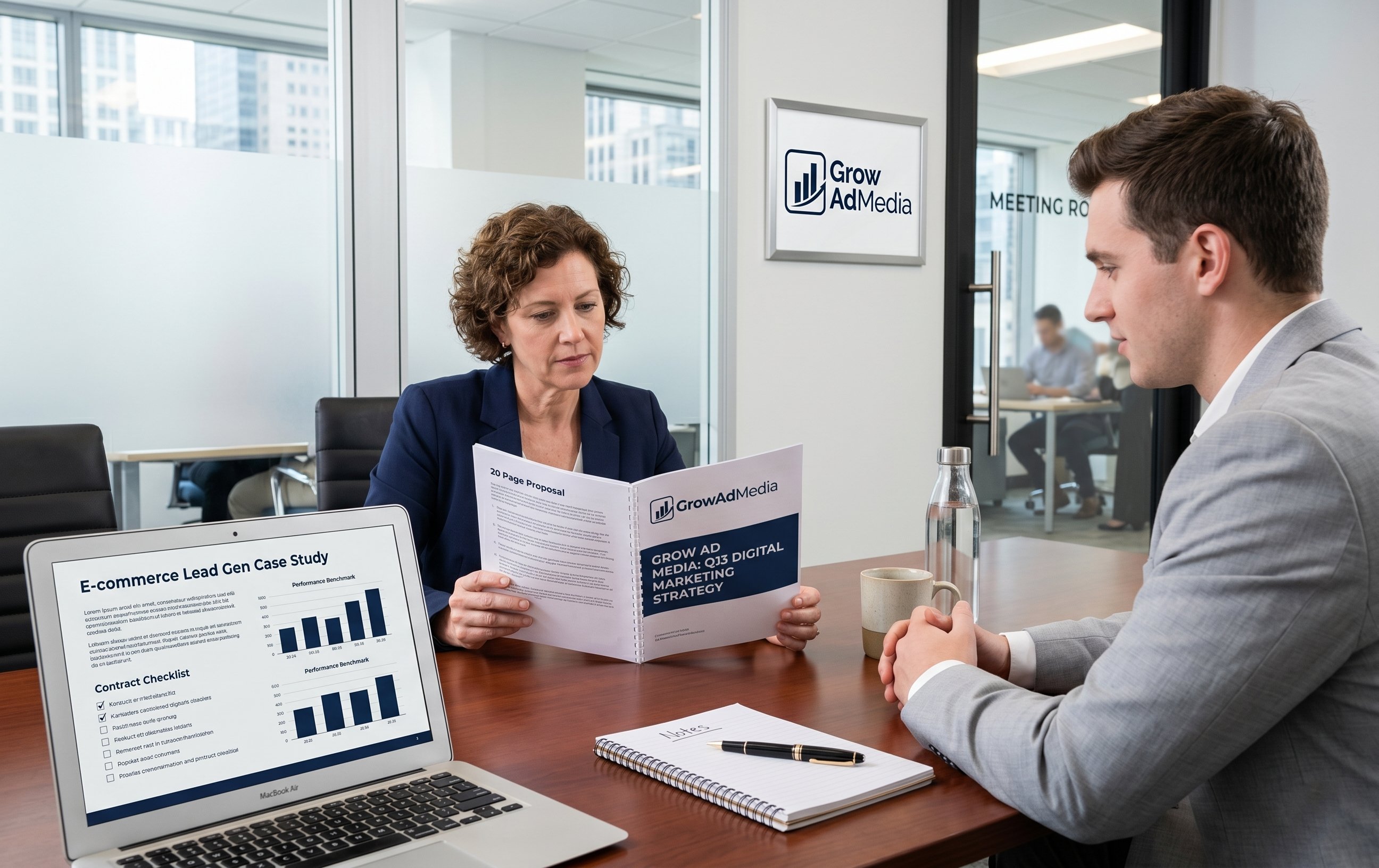 Evaluating performance marketing agency proposal meeting