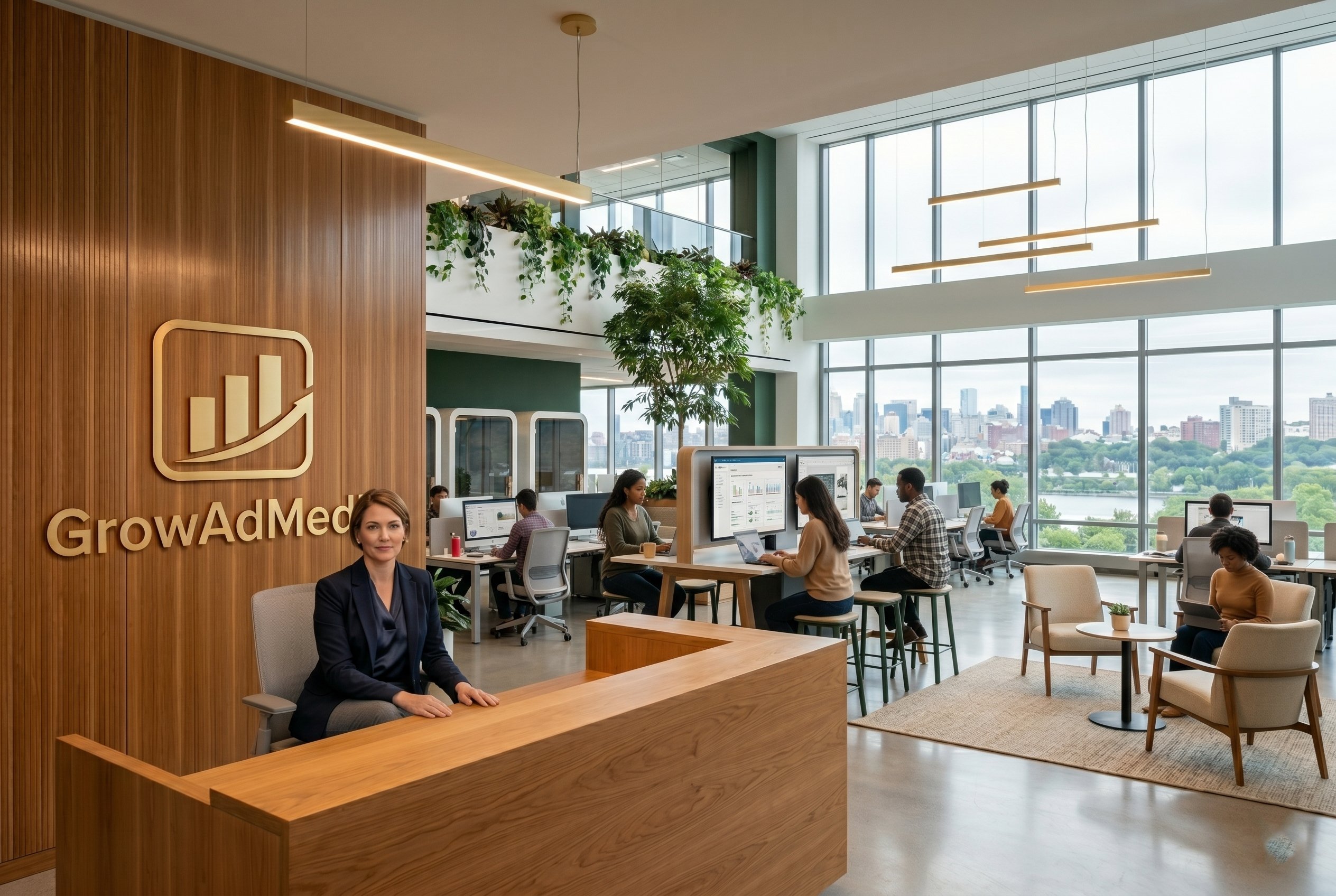 GrowAdMedia office — team working with city view