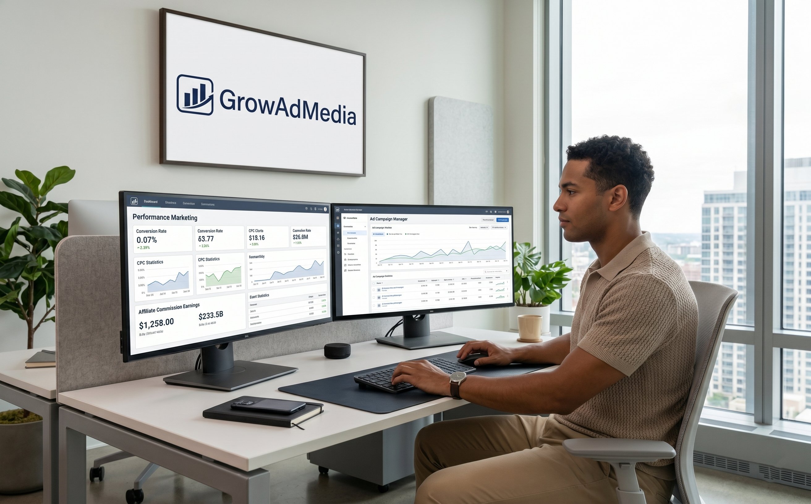 GrowAdMedia marketer working on performance dashboard