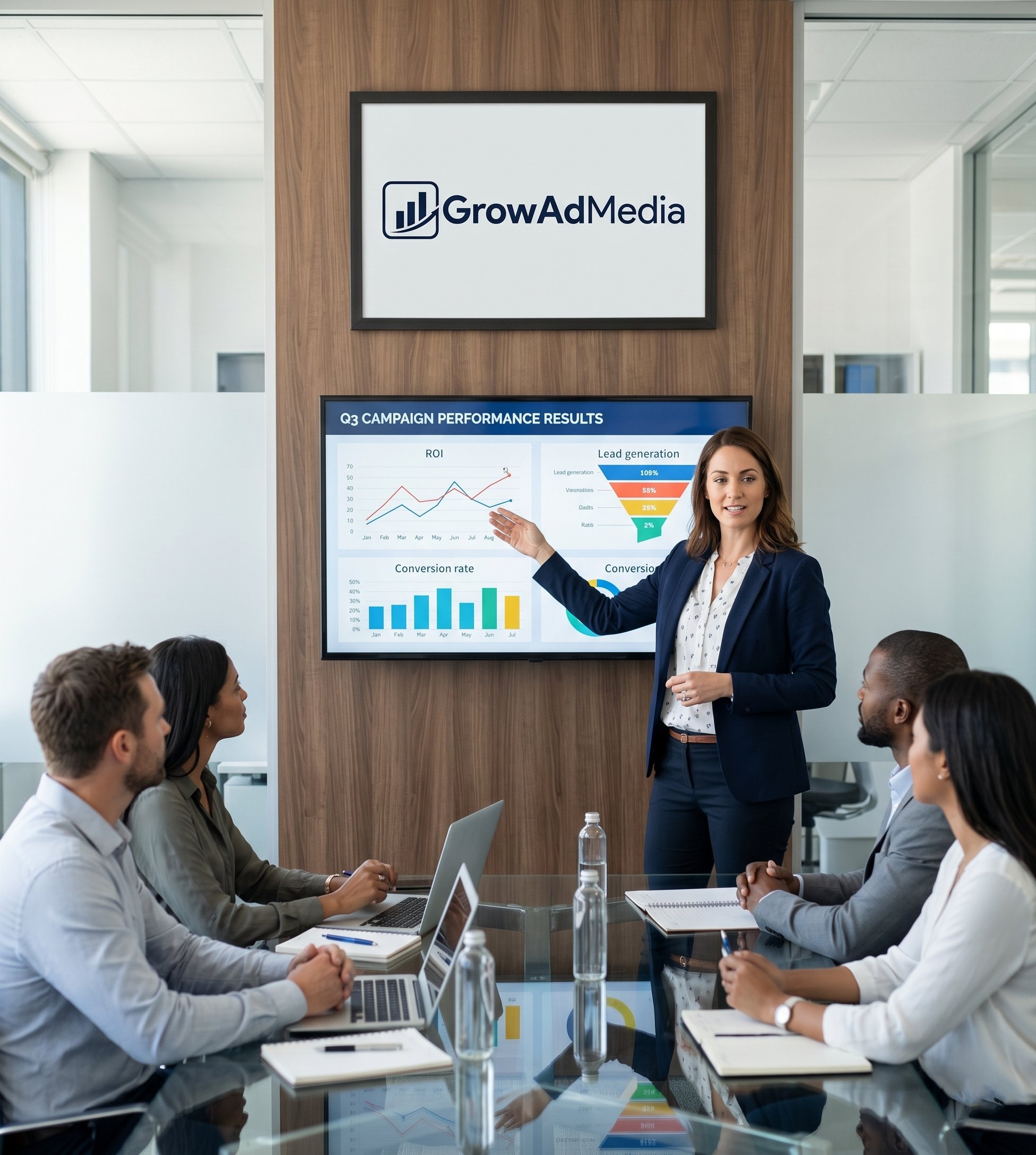 GrowAdMedia marketer presenting ROI results in office
